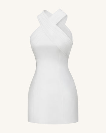 Mini-robe en satin avec licol croisé en tulle - Blanc