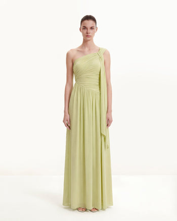 Robe longue asymétrique à une épaule drapée avec traîne - Vert