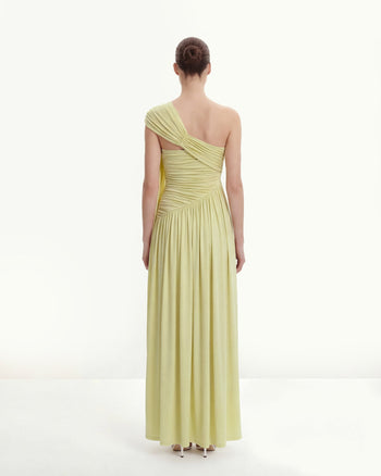 Robe longue asymétrique à une épaule drapée avec traîne - Vert