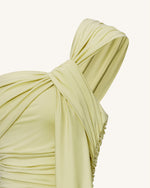 Robe longue asymétrique à une épaule drapée avec traîne - Vert