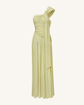 Robe longue asymétrique à une épaule drapée avec traîne - Vert