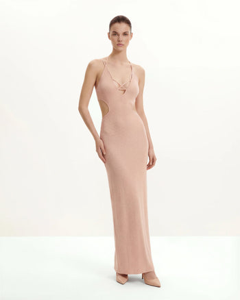 Robe longue en maille côtelée à découpes - Rose
