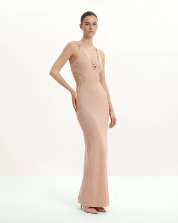 Robe longue en maille côtelée à découpes - Rose