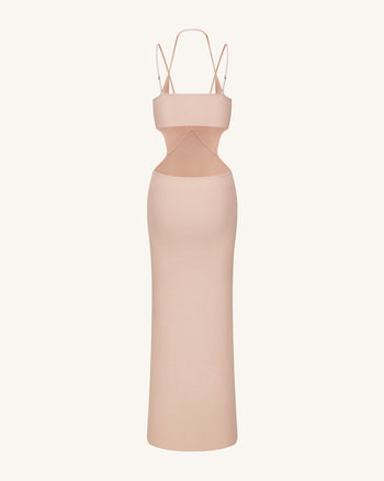 Robe longue en maille côtelée à découpes - Rose