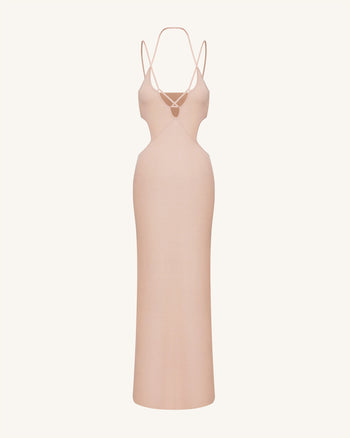 Robe longue en maille côtelée à découpes - Rose
