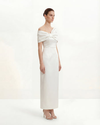 Robe longue satinée asymétrique avec nœud - Blanc