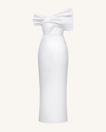 Robe longue satinée asymétrique avec nœud - Blanc