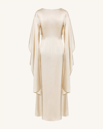 Robe longue de soirée 198 à col bateau, manches cape et finitions perlées - Crème