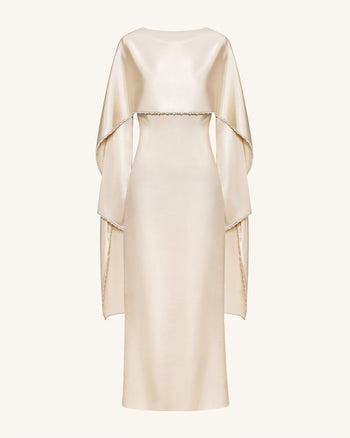 Robe longue de soirée 198 à col bateau, manches cape et finitions perlées - Crème