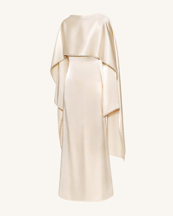 Robe longue de soirée 198 à col bateau, manches cape et finitions perlées - Crème