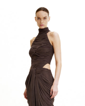 Body-suit à col licou avec drapé torsadé - Marron