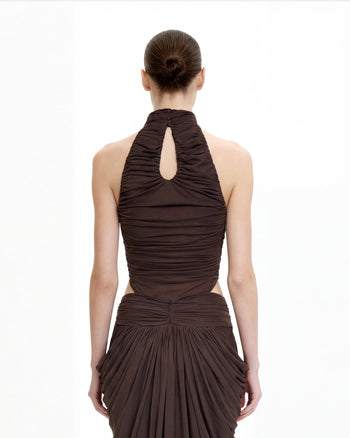 Body-suit à col licou avec drapé torsadé - Marron