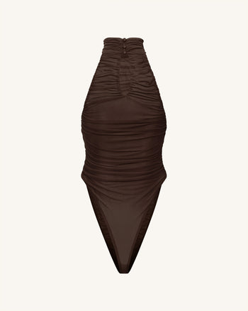 Body-suit à col licou avec drapé torsadé - Marron