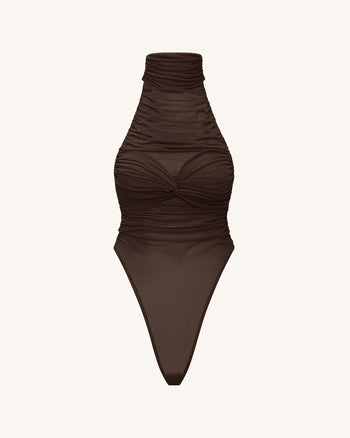 Body-suit à col licou avec drapé torsadé - Marron
