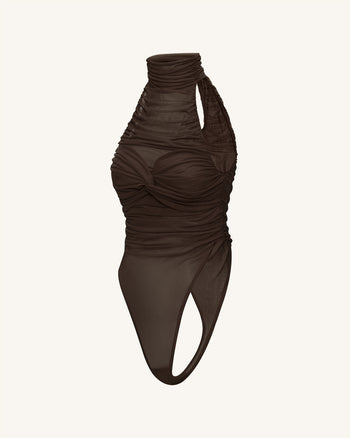 Body-suit à col licou avec drapé torsadé - Marron