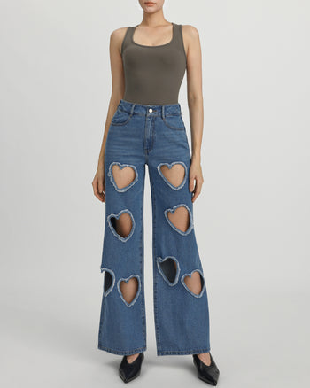 Jean en Denim Sophia avec Découpe en Forme de Cœur Ornée - Bleu Moyen