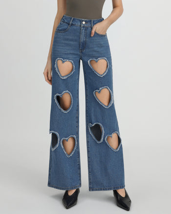 Jean en Denim Sophia avec Découpe en Forme de Cœur Ornée - Bleu Moyen