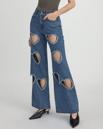 Jean en Denim Sophia avec Découpe en Forme de Cœur Ornée - Bleu Moyen