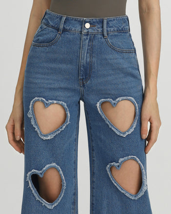 Jean en Denim Sophia avec Découpe en Forme de Cœur Ornée - Bleu Moyen
