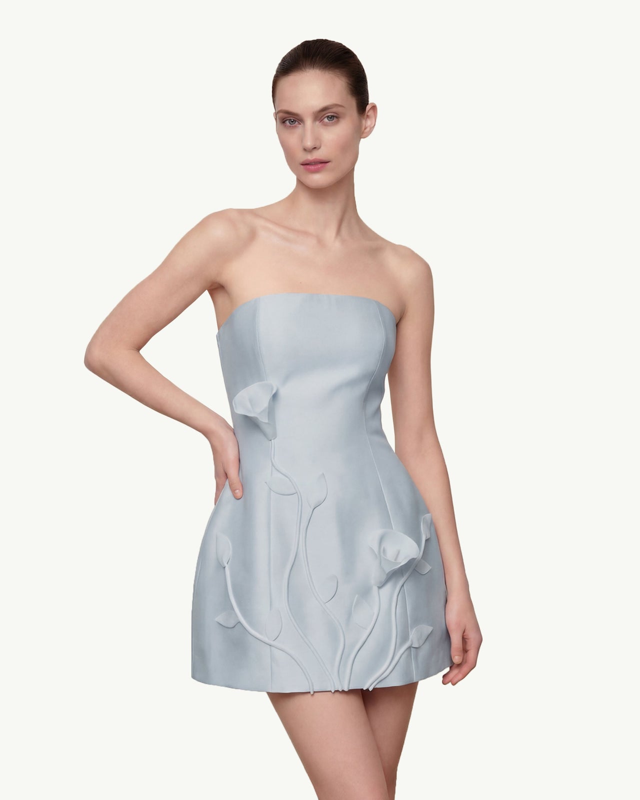 Mini-Robe Bustier Motif Floral Vigne 3D - Bleu