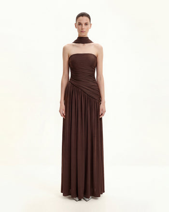 Robe longue bustier à empiècements froncés - Marron
