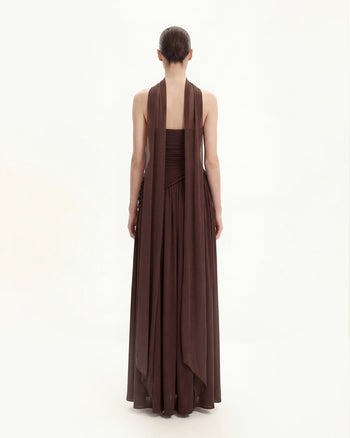 Robe longue bustier à empiècements froncés - Marron
