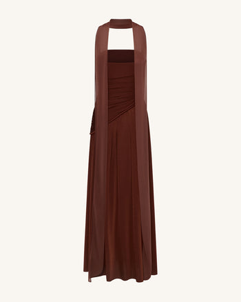 Robe longue bustier à empiècements froncés - Marron