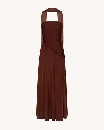 Robe longue bustier à empiècements froncés - Marron