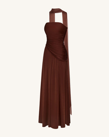 Robe longue bustier à empiècements froncés - Marron