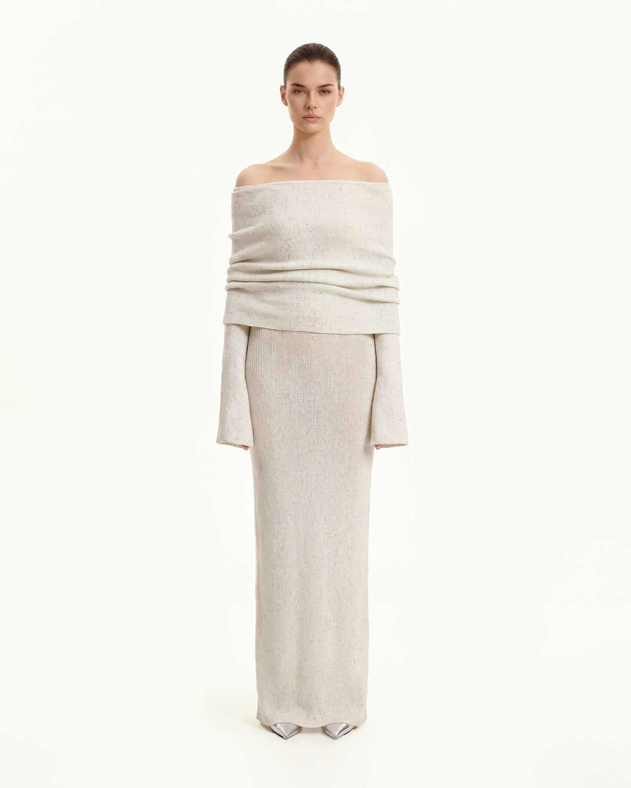 Robe longue en maille à épaules dénudées - Crème