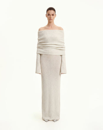 Robe longue en maille à épaules dénudées - Crème