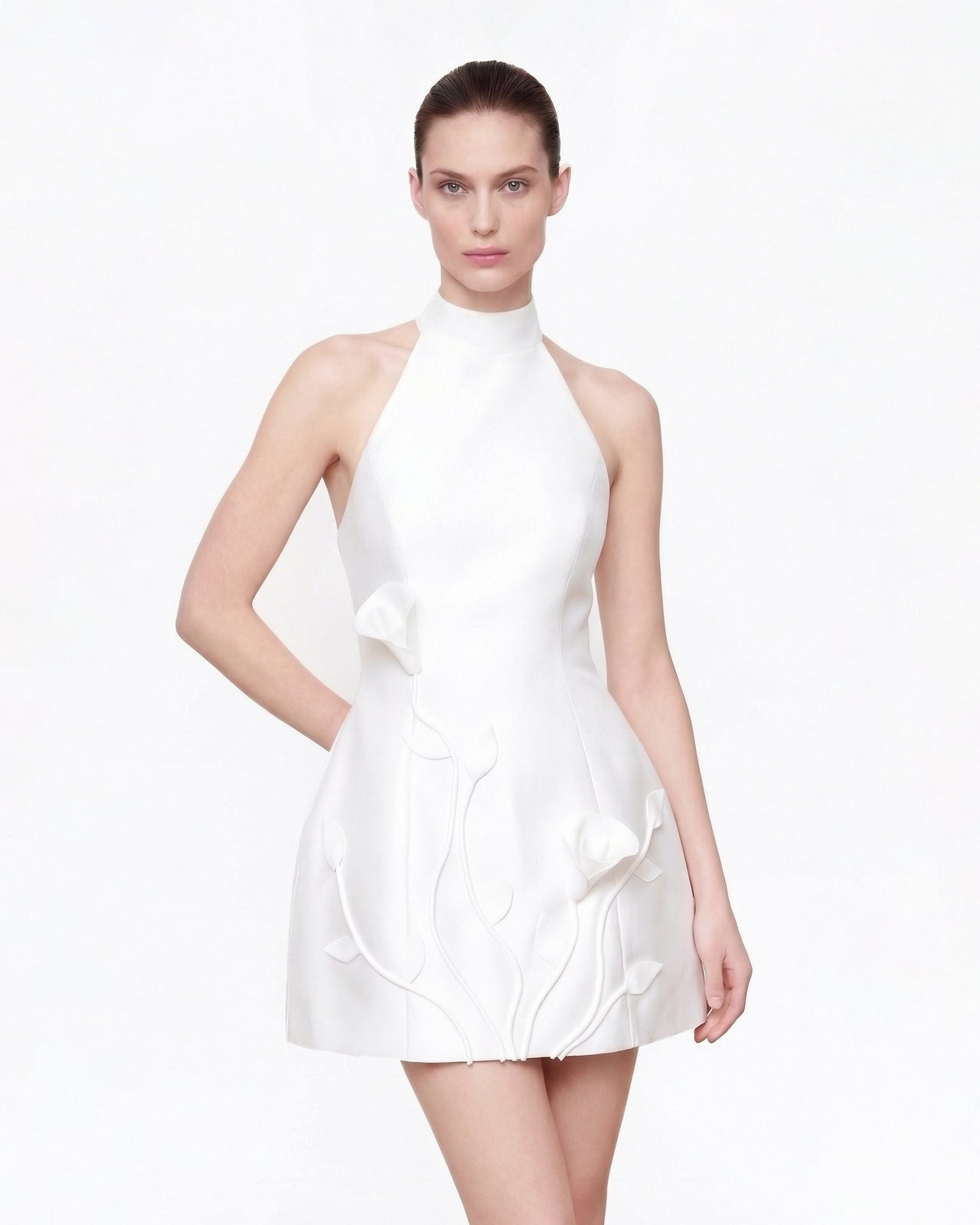 Mini robe dos nu à fleurs 3D - Blanc