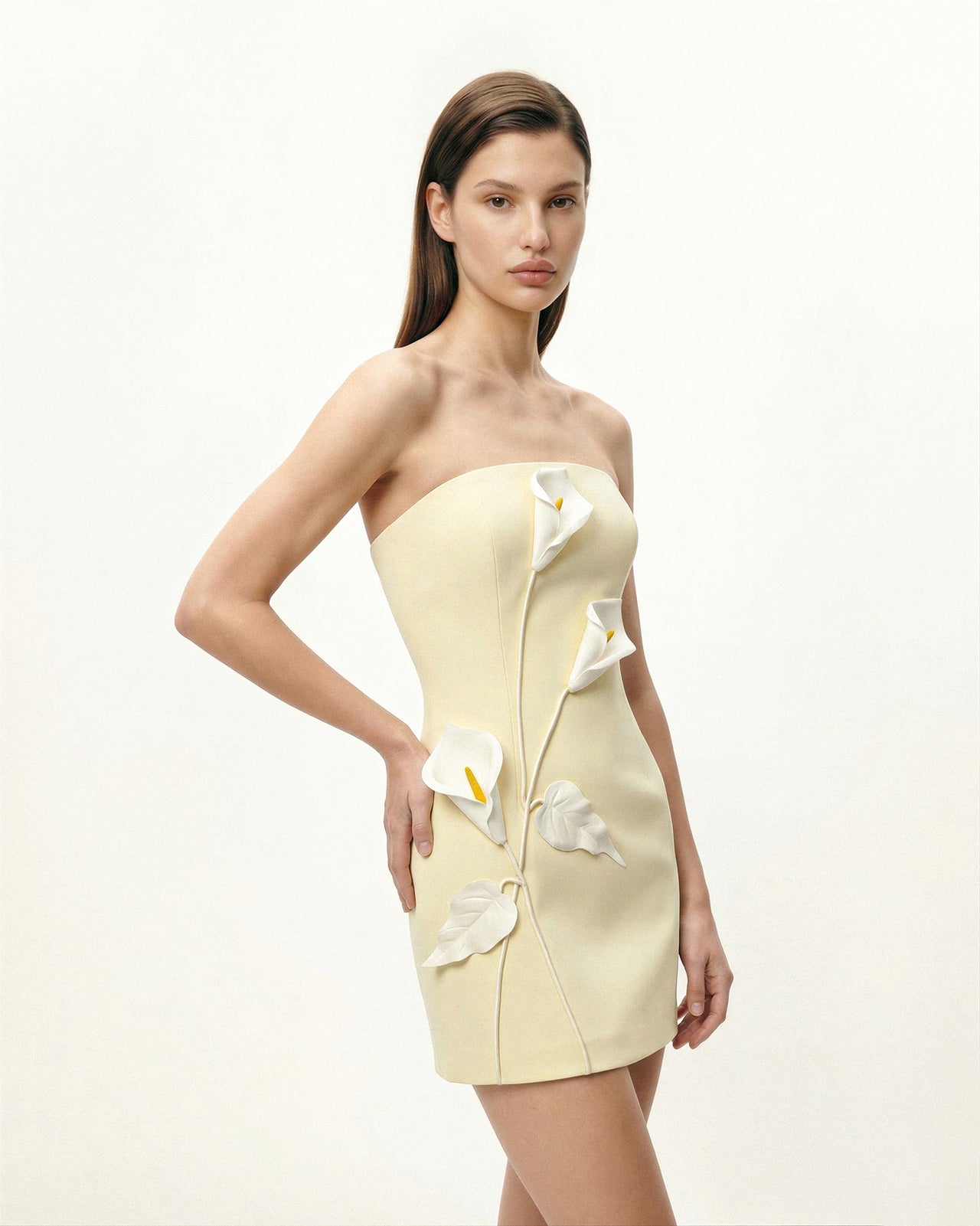 Robe bustier à appliques florales - Jaune