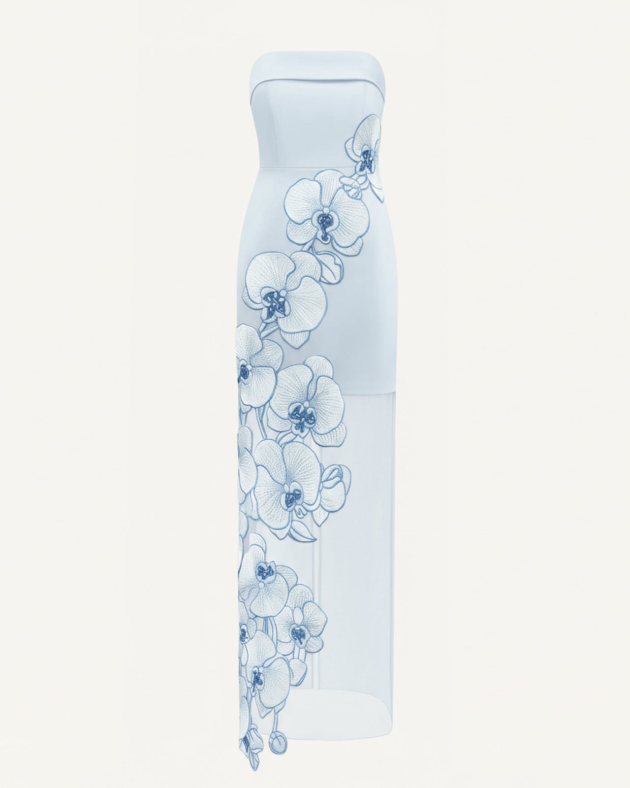 Robe brodée d'orchidées – Bleu Clair