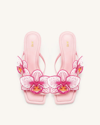 Serena Sandales à talons avec bague d'orteil et broderie d'orchidée - Rose bébé