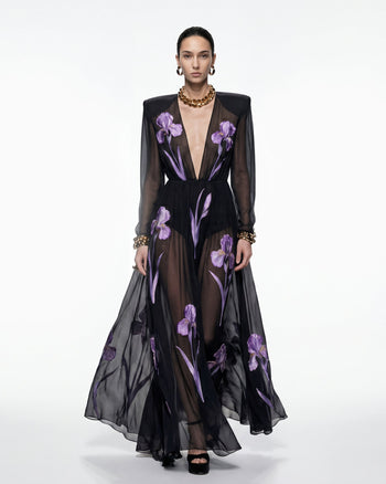 Robe longue transparente à manches longues et imprimé floral Iris - Noir/Violet