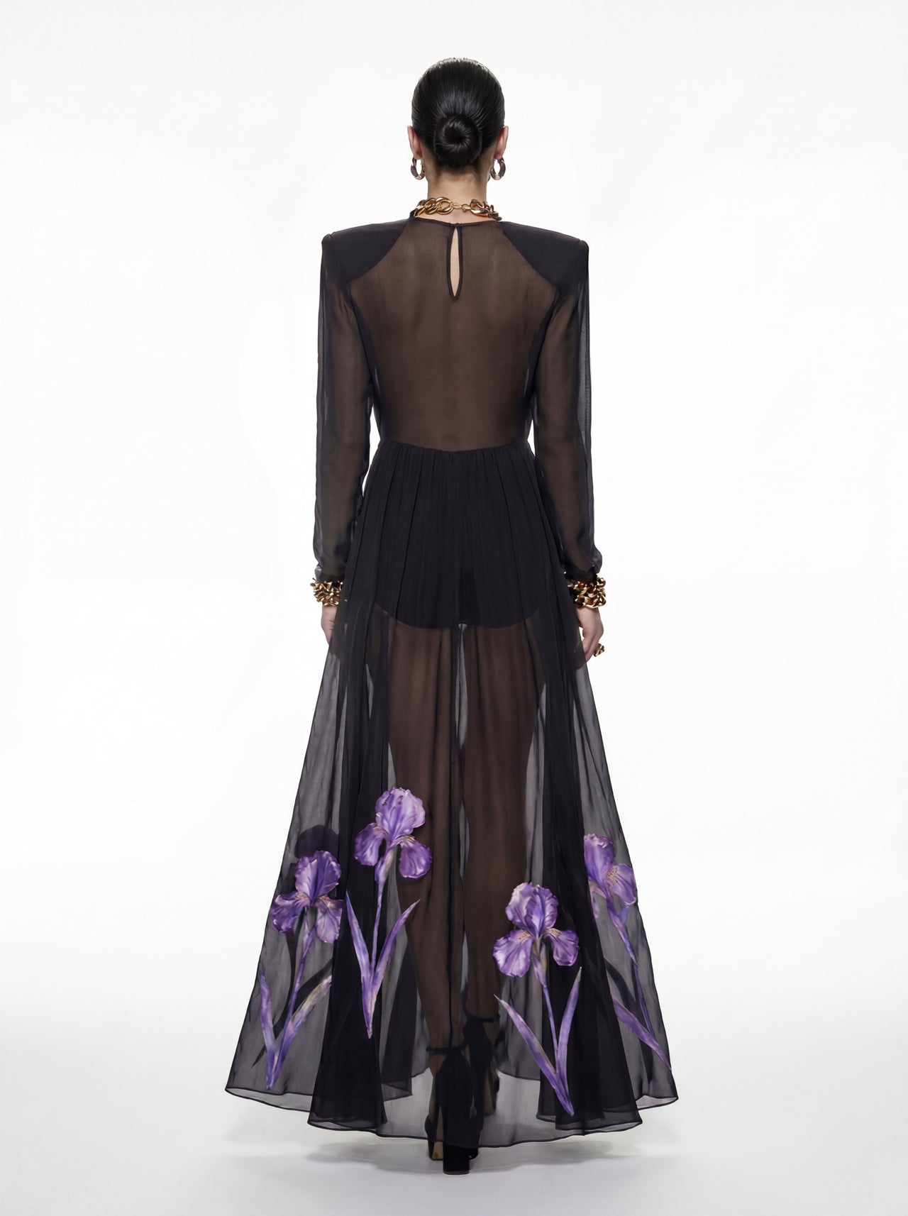 Robe longue transparente à manches longues et imprimé floral Iris - Noir/Violet