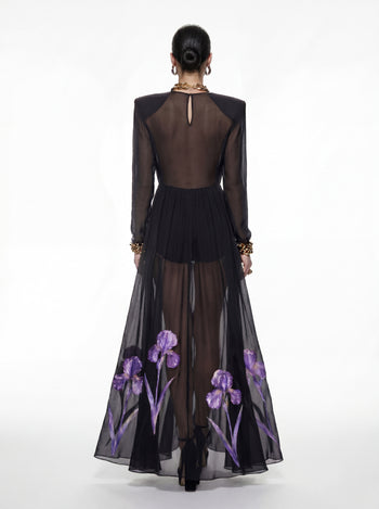 Robe longue transparente à manches longues et imprimé floral Iris - Noir/Violet