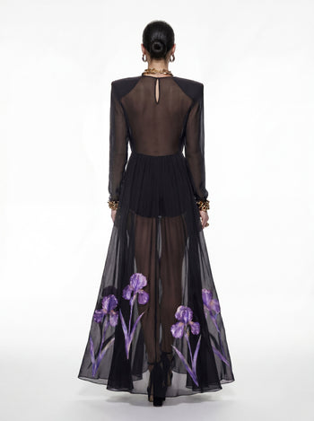 Robe longue transparente à manches longues et imprimé floral Iris - Noir/Violet
