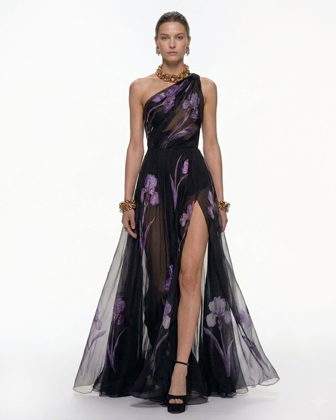 Robe maxi fleurie à une épaule - Noir