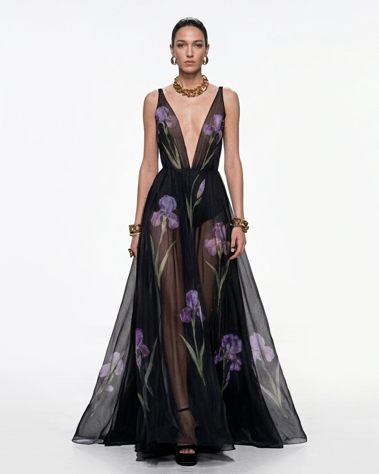 Robe maxi en voile à imprimé floral - Noir