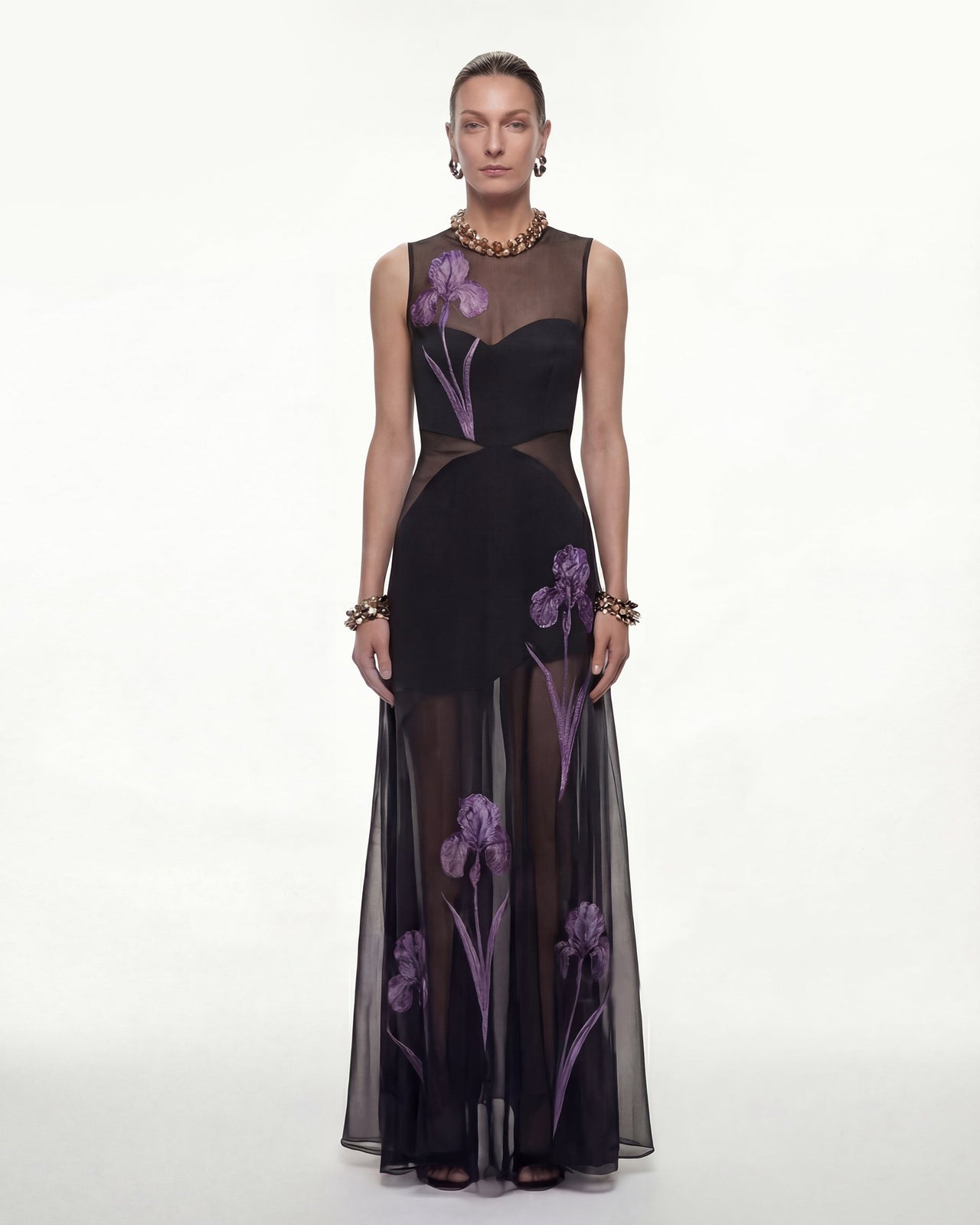 Robe maxi à empiècements en voile à imprimé floral - Noir