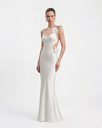 Robe en satin avec appliqués floraux 3D - Blanc