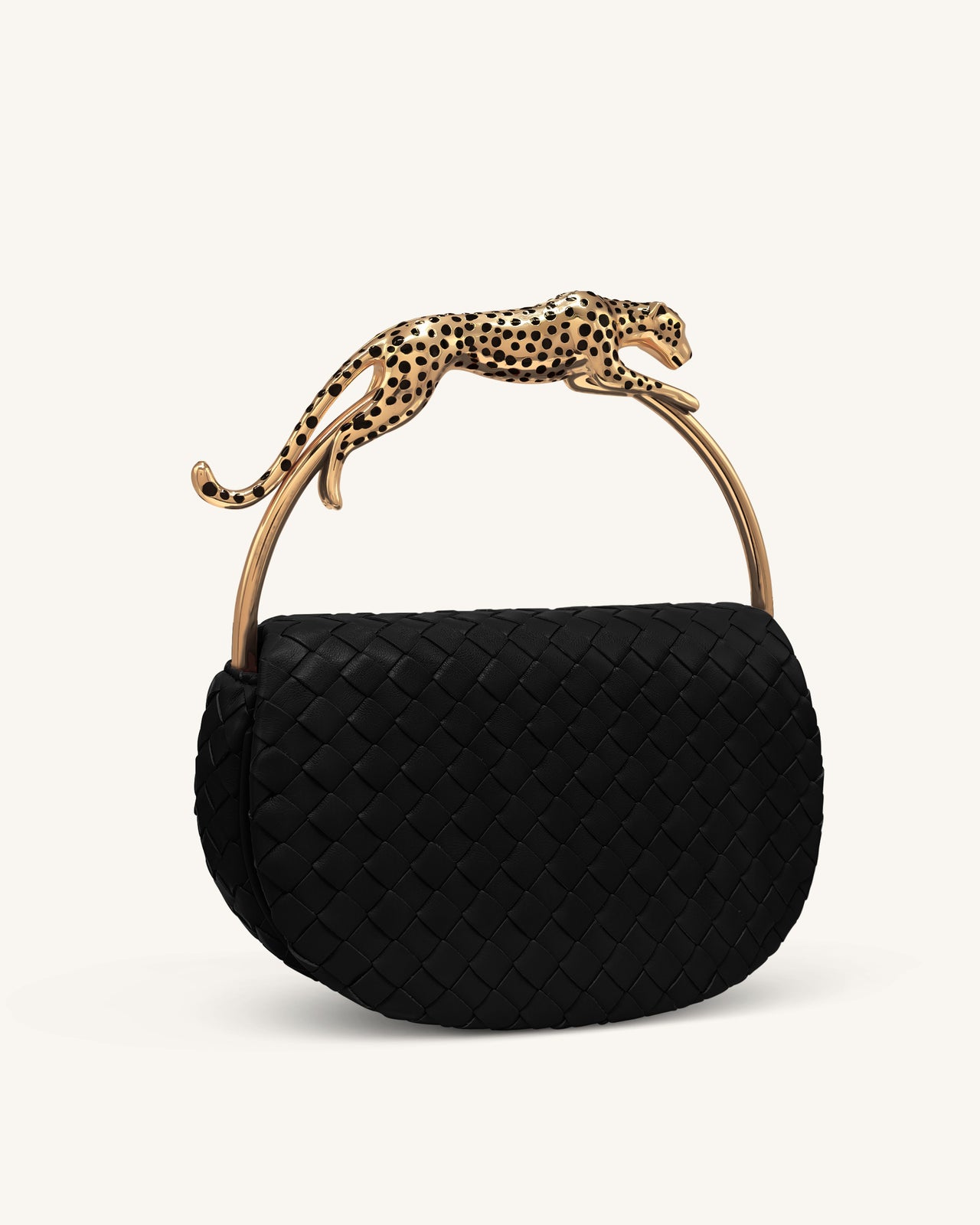 Ione Sac à poignée supérieure tissé avec anse en métal en forme de léopard - Noir