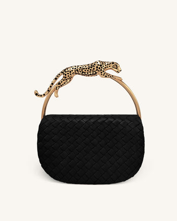 Ione Sac à poignée supérieure tissé avec anse en métal en forme de léopard - Noir