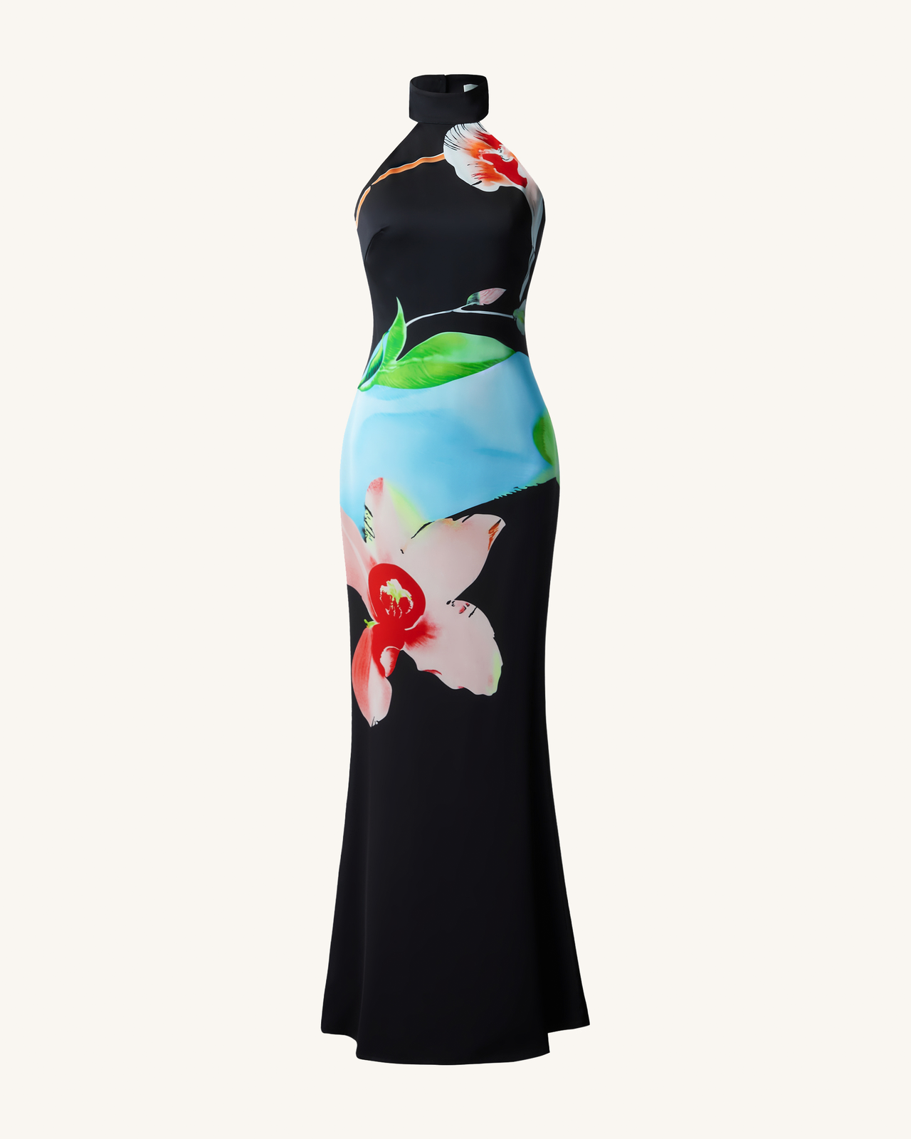 Robe dos nu en satin à fleurs – Noir multicolore