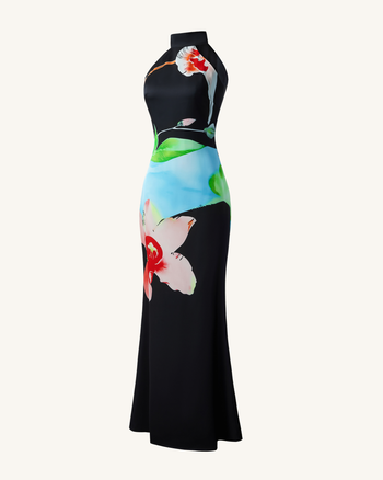 Robe dos nu en satin à fleurs – Noir multicolore