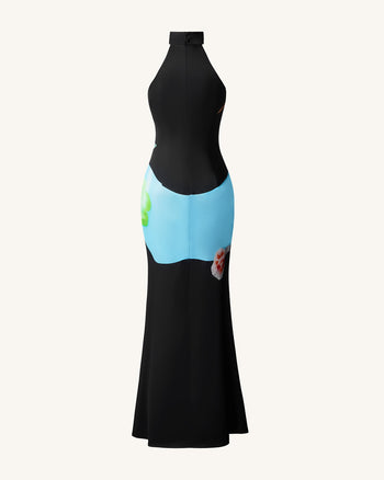 Robe dos nu en satin à fleurs – Noir multicolore