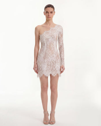 Mini-robe en dentelle à une épaule - Blanc