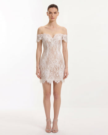 Robe Mini en Dentelle Épaules Dénudées - Blanc